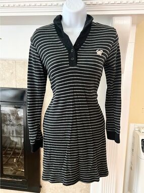 Striped Black & Gray Long-Sleeve Polo Dress